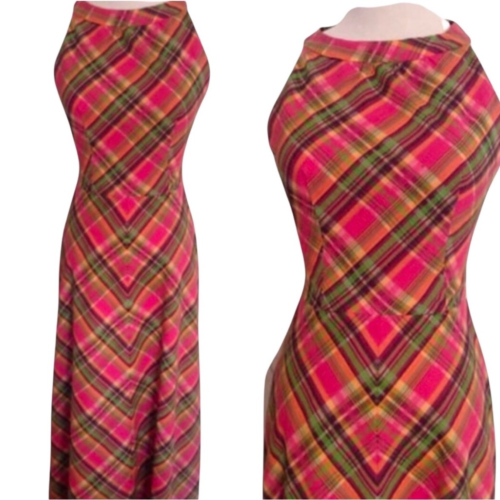 Rare 1960's Pink & Green Plaid Maxi Dress with Halter Neck, Divine!XS/S, 25”
